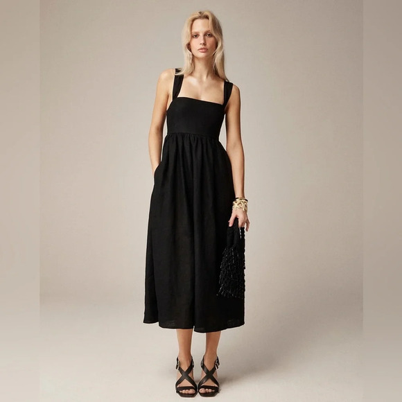 NWT J.Crew Squareneck Midi Dress Linen  Black size 16 - Picture 1 of 13